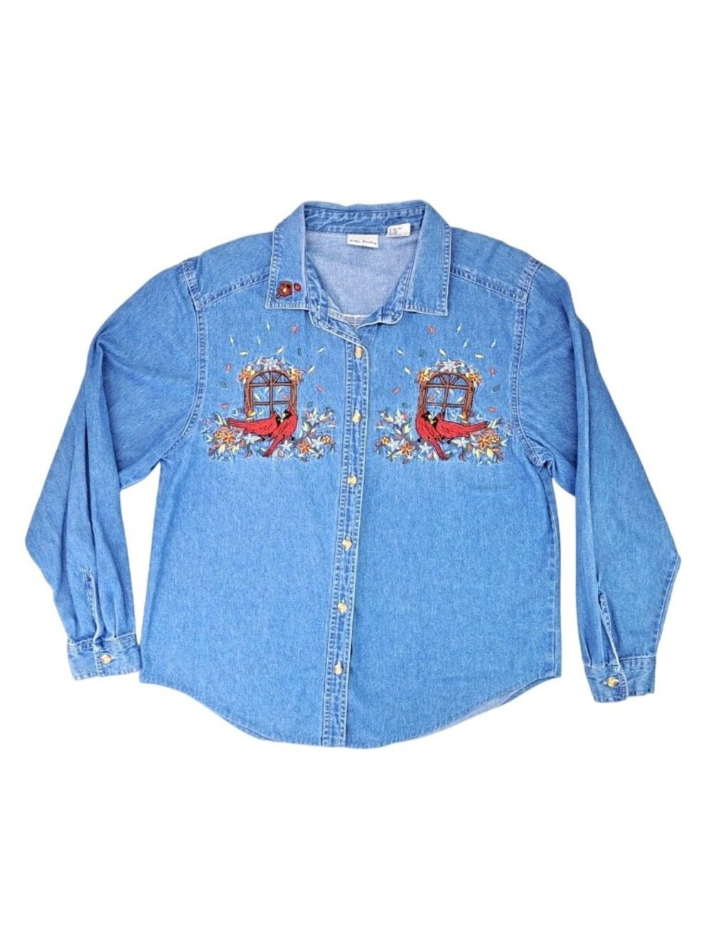 Vintage Bobbie Brooks Denim Shirt Embroidered Cardinal Flowers Women Size Large